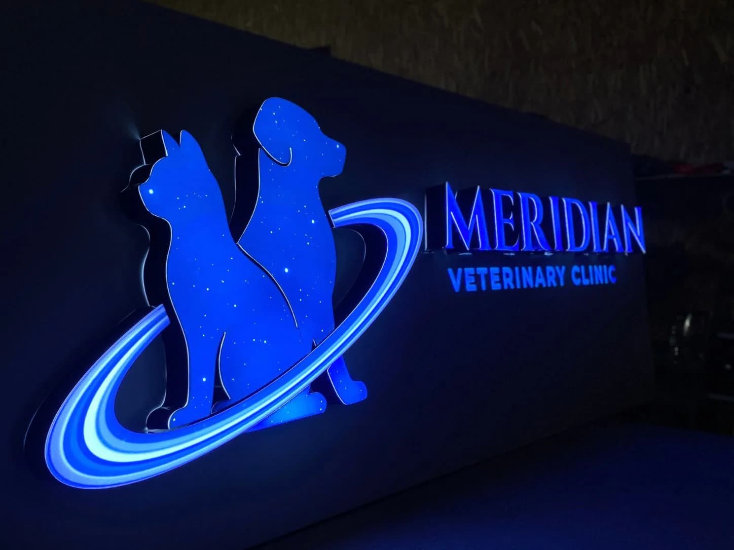Нічний вигляд підсвіченого логотипа та напису MERIDIAN Veterinary Clinic