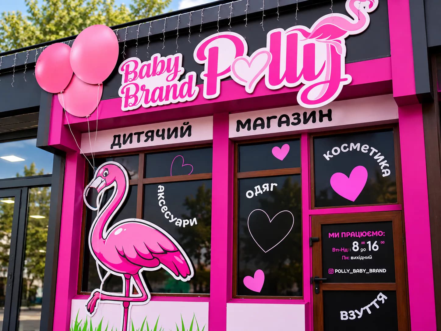 Фасад дитячого магазину Polly з рожевою вивіскою, фламінго та оформленими вікнами